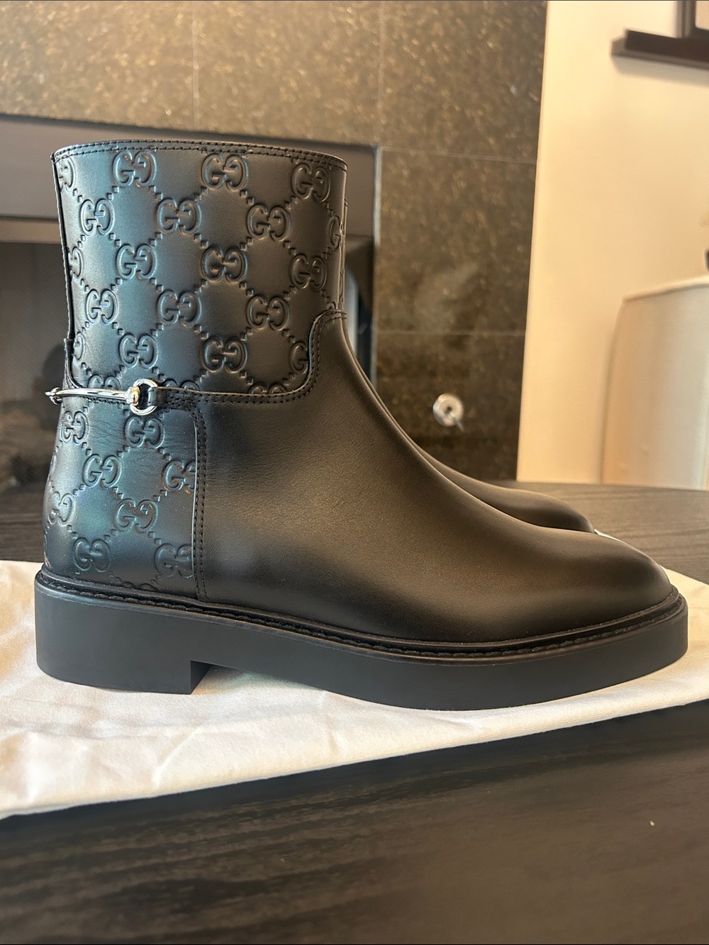 Gucci Black Embossed GG Leather Ankle Boots